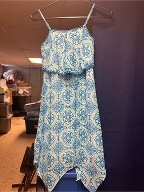 My Michelle Blue and White Asymmetrical Spaghetti-Strap Dress